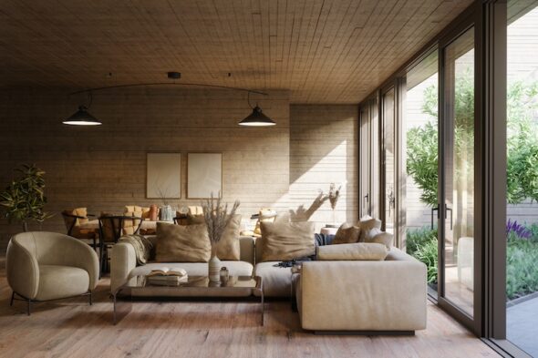 parete in parquet in soggiorno