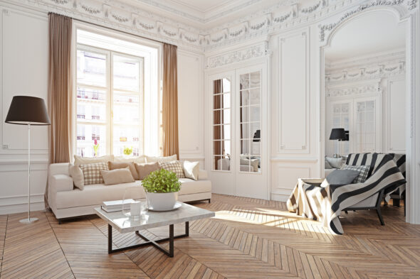 salone con pavimento in parquet